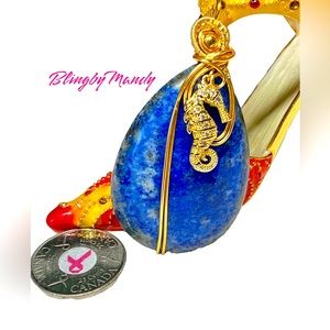 Blue lapis lazuli pendant with seahorse rhinestone charm accent